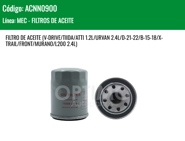 Imagen de ACNN0900 FILTRO DE ACEITE NISSAN VERSA 1.6L 12-19 (V-DRIVE/TIIDA/ATTI 1.2L/URVAN 2.4L/D-21-22/B-15-18/X-TRAIL/FRONT/MURANO/L200 2.4L)