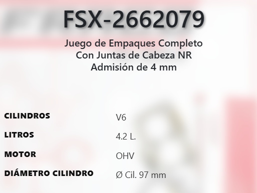 Imagen de FSX-2662079 JUEGO DE EMPAQUES FORD WINDSTAR 3.8L V6 OHV 12V 99-00 F-150 4.2L V6 12V 01-04