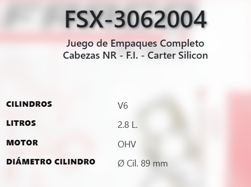 Imagen de FSX-3062004 JUEGO DE EMPAQUES CHEVROLET S10 2.8L V6 OHV 12V 86-93 LUMINA APV 3.1L V6 OHV 12V 90-95