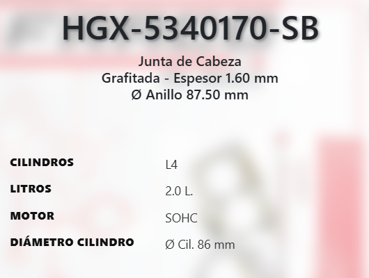 Imagen de HGX-5340170SB EMPAQUE CABEZA GRAFITO MAZDA 626 2.0L L4 SOHC 8V 83-87 B2000 2.0L L4 SOHC 8V 86-87