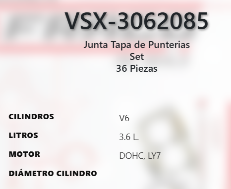 Imagen de VSX-3062085 EMPAQUE TAPA DE PUNTERIAS SILICON LIGA CHEVROLET TRAVERSE 3.6L V6 DOHC LY7 LTT 24V 09-16
