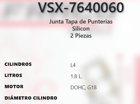 Imagen de VSX-7640060 EMPAQUE TAPA DE PUNTERIAS SILICON LIGA CHEVROLET TRACKER 2.0L L4 DOHC J20A 16V 99-03