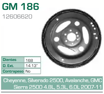 Imagen de GM-186 ARO DENTADO CHEVROLET AVALANCHE CHEYENNE SILVERADO 2500 4.8L 5.3L 6.0L 6.2L V8 03-14 S/CONTRAPESO (168D) TRANSM. AUT.