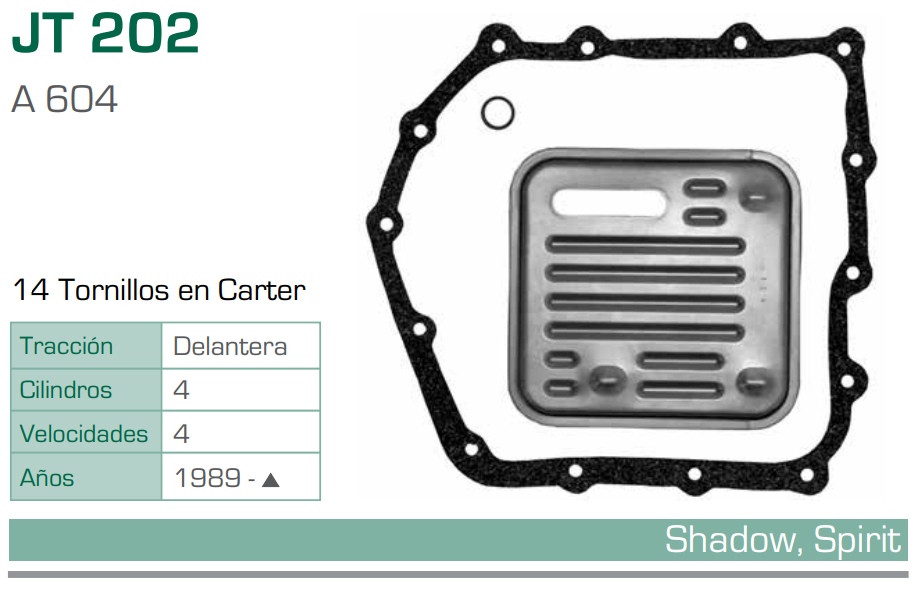 Imagen de JT-202-C FILTRO Y EMPAQUE PARA TRANSMISION CHRYSLER CIRRUS L4 2.4 (97-00) / V6 2.5 (96-00) - IMPERIAL V6 3.3 (91) - LEBARON V6 2.5 (92-94) - NEW YORKER V6 3.0 (92-95) (A604)