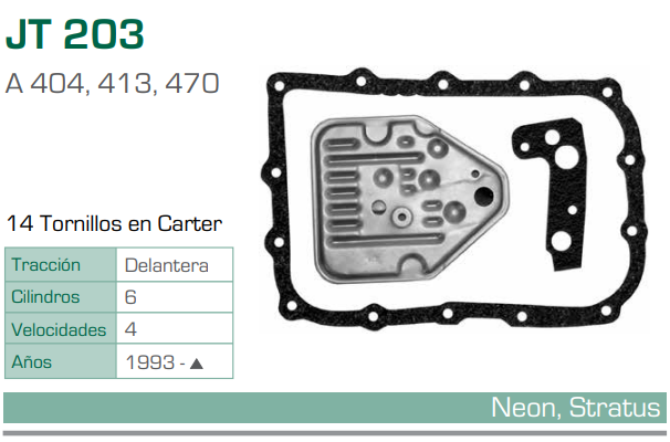 Imagen de JT-203-C FILTRO Y EMPAQUE PARA TRANSMISION CHRYSLER CONCORDE V6 3.5 (93-99) - DART L4 2.2 (87-89) - LEBARON V6 2.5 (92-94) - NEON L4 2.0 (94-99) (A404,413,470)