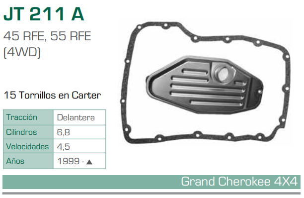 Imagen de JT-211A-C FILTRO Y EMPAQUE PARA TRANSMISION DODGE DURANGO V8 4.7 (99-05) - RAM 1500 V8 4.7 (00-05) / V8 5.7 (03-07) - RAM 2500 V8 4.7 (03-07) / V8 5.7 (03-07) (45RFE, 55RFE)