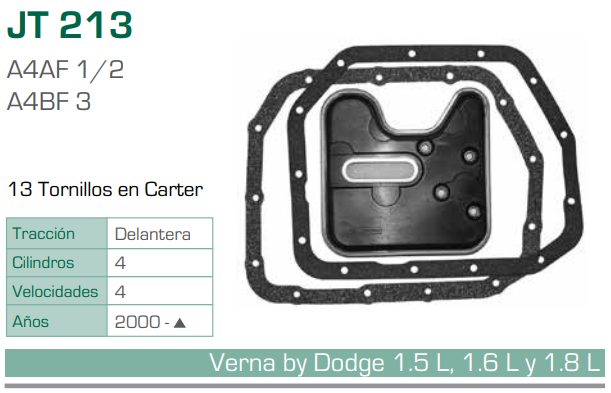 Imagen de JT-213-C FILTRO Y EMPAQUE PARA TRANSMISION DODGE VERNA L4 1.5 (04-05) / L4 1.6 (04-05) (A4AF 1/2,A4BF3)