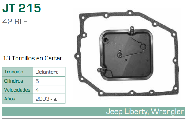 Imagen de JT-215-C FILTRO Y EMPAQUE PARA TRANSMISION JEEP LIBERTY V6 3.7 (03-10) - WRANGLER L4 2.4 (03-06) / V6 3.8 (07-10) / L6 4.0 (03-06) (42RLE)