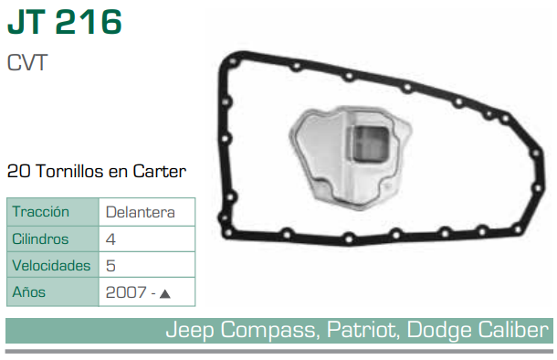 Imagen de JT-216-C FILTRO Y EMPAQUE PARA TRANSMISION DODGE CALIBER 2.4L L4 2007 JEEP COMPASS PATRIOT 2.4L L4 2007 (CVT)