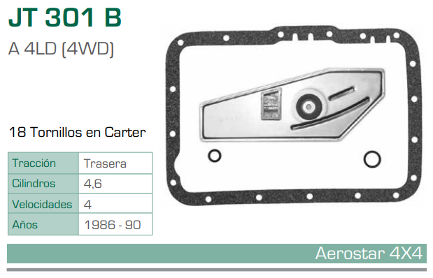 Imagen de JT-301B-C EMPAQUE Y FILTRO PARA TRANSMISION FORD AEROSTAR V6 V6 3.0 (90-95) / V6 4.0 (90-95) - EXPLORER V6 4.0 (91-94) - RANGER L4 2.4 (89-94) / V6 3.0 (90-94) / V6 4.0 (90-94) (A4LD 4WD)