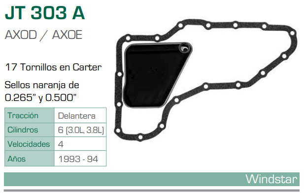 Imagen de JT-303A-C FILTRO Y EMPAQUE PARA TRANSMISION FORD. SABLE V6 3.0 (94-99) / V6 3.8 (94-95) - TAURUS V6 3.0 (94-99) / V6 3.8 (94-95) - WINDSTAR V6 3.0, 3.8 (95) (AXOD/AXOE)