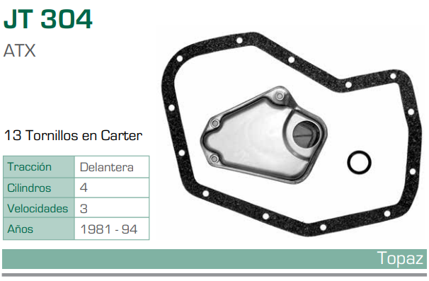 Imagen de JT-304-C FILTRO Y EMPAQUE PARA TRANSMISION FORD GHIA L4 2.3 (90-92) - TOPAZ L4 2.3 FUEL INY (93-94) - TOPAZ L4 2.3 (84-92) (ATX)