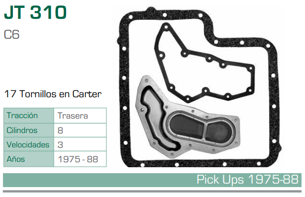 Imagen de JT-310-C FILTRO Y EMPAQUE PARA TRANSMISION FORD BRONCO L6 4.9 (80-93) / V8 5.0 (80-88) / V8 5.8 (80-88) - E CONOLINE VAN L6 4.9 (89-93) / V8 5.0 (89-93) / V8 5.8 (89-93) CARTER PROFUNDO TRASERO (C6)