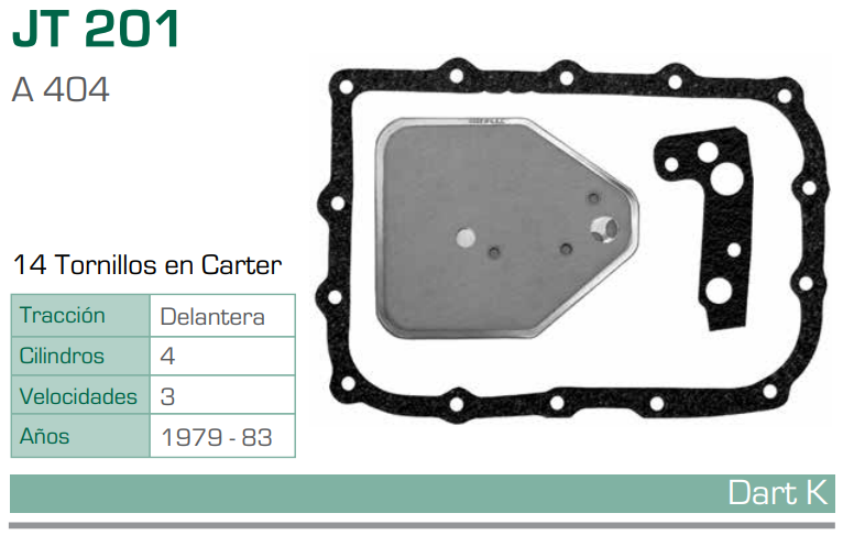 Imagen de JT-201-C FILTRO Y EMPAQUE PATA TRANSMISION DODGE DART K L4 2.2 (79-83) (A404 DACRON)