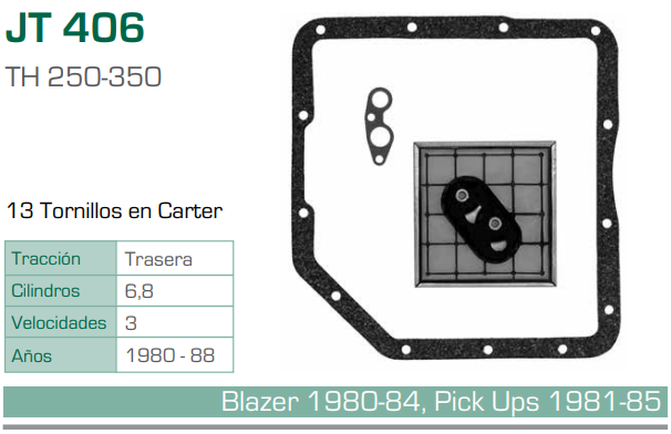 Imagen de JT-406-C FILTRO Y EMPAQUE PARA TRANSMISION CHEVROLET BLAZER V6 Y V8 (80-84) / PICK-UPS V6 Y V8 (81-85) (TH250-350)