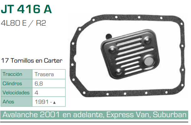Imagen de JT-416A-C FILTRO Y EMPAQUE PARA TRANSMISION CHEVROLET SILVERADO 2500 4X2 V8 5.3 (03-05) / V8 4.8 (03-05) - SILVERADO 2500 4X4 V8 5.3 (03-05) - SONORA V8 5.3 (03-05) - SONORA V8 5.7 (01) (4L80ER2)