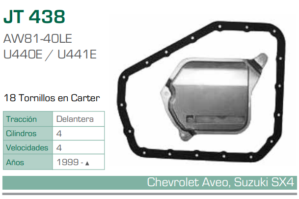 Imagen de JT-438-C EMPAQUE Y FILTRO PARA TRANSMISION CHEVROLET AVEO (99-AD) - SUZUKI SX4 L4 (99-AD) (AW81-40LE U440E/U441E)