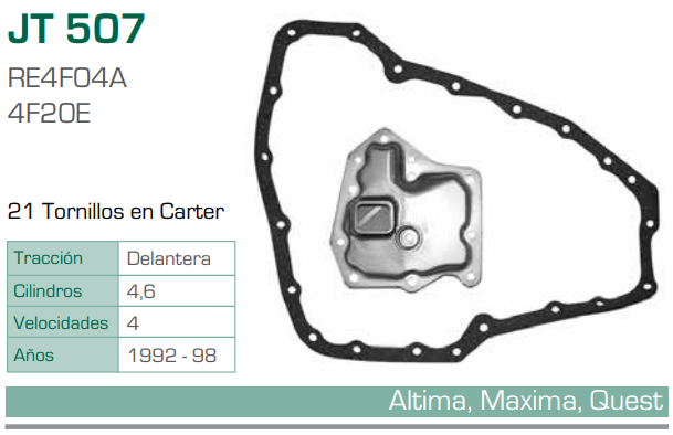 Imagen de JT-507-C FILTRO Y EMPAQUE PARA TRANSMISION NISSAN ALTIMA L4 2.4 (93-98) - MAXIMA V6 3.0 (92-97) - QUEST V6 3.0 (93-98) - MERCURY VILLAGER V6 3.0 (93-98) (RE4F04A,4F20E)