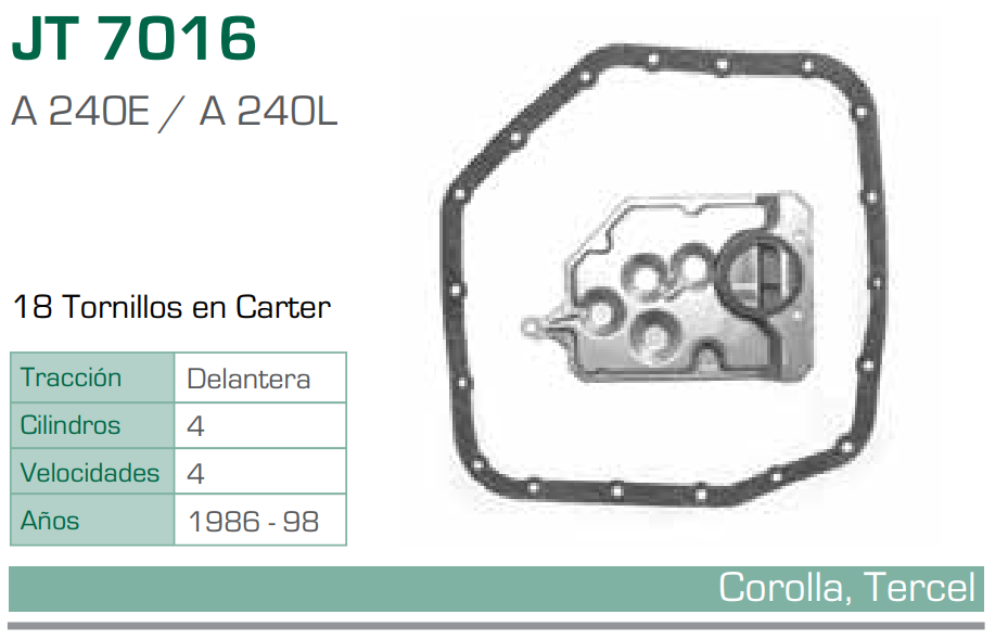 Imagen de JT-7016-C FILTRO Y EMPAQUE PARA TRANSMISION TOYOTA COROLLA L4 1.6 (86-98) / L4 1.8 (93-98) - TERCEL L4 1.5 (86-98) (A240E,A240L)