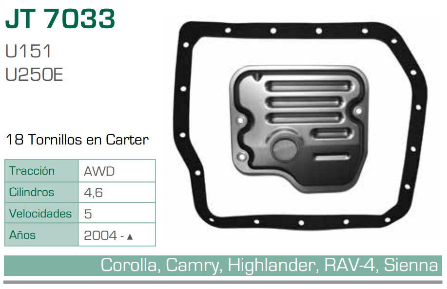 Imagen de JT-7033-C FILTRO Y EMPAQUE PARA TRANSMISION TOYOTA CAMRY L4 2.4 (04-09) / L4 2.5 (10-12) / V6 3.0 (04-06) / V6 3.3 (04-06) / V6 3.5 (07-12) - COROLLA L4 1.8 (04-12) / L4 2.4 (09-12) - SIENNA L4 2.7 (11-12) / V6 3.3 (04-07) / V6 .5 (07-12) (U151,U250E)