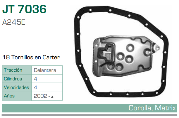 Imagen de JT-7036-C FILTRO Y EMPAQUE PARA TRANSMISION TOYOTA COROLLA L4 1.6, 1.8 (93-97) - RAV-4 L4 2.0 (98-00) (A245E)