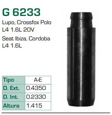 Imagen de G-6233 GUIA PARA VALVULA ADM/ESC VOLKSWAGEN POLO LUPO 1.6L L4 03-10 2.5L L5 DOHC 20V 06-10