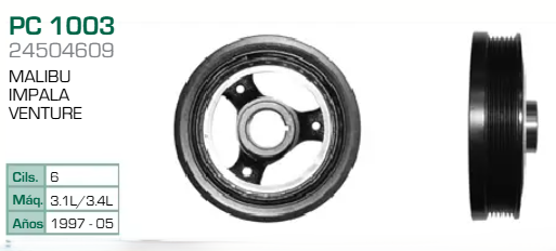 Imagen de PC-1003 POLEA DE CIGUEÑAL CHEVROLET MALIBU 3.1L V6 97-03 VENTURE 3.4L V6 97-05 PONTIAC GRAND AM 3.1L V6 94-05