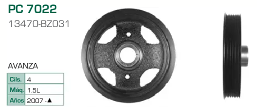 Imagen de PC-7022 POLEA DE CIGUEÑAL TOYOTA AVANZA 1.5L L4 07-