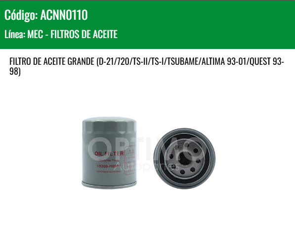Imagen de ACNN0110 FILTRO DE ACEITE NISSAN ALTIMA 2.4L L4 95-97 TSURU I II 1.6L L4 90-04