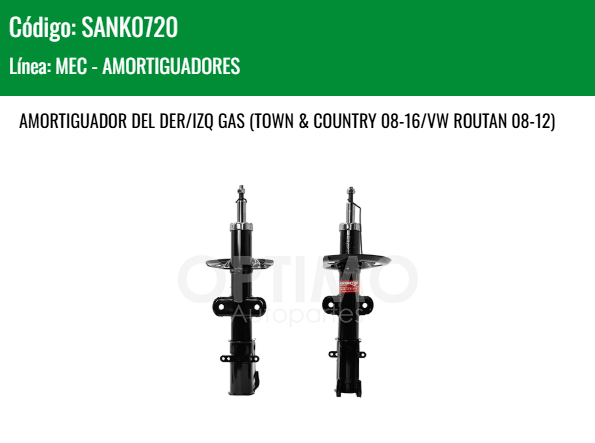 Imagen de SANK0720 AMORTIGUADOR DELANTERO DER/IZQ GAS CHRYSLER GRAND CARAVAN 08-19 TOWN COUNTRY 08-16 VOLKSWAGEN ROUTAN 08-12