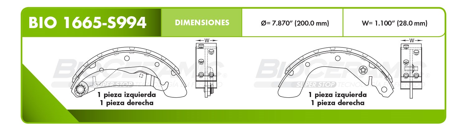 Imagen de BIO-1665-S994 BALATA FRENO DE TAMBOR TRASERA CHEVROLET CHEVY 95-11 MONZA 95-06 CORSA TODOS