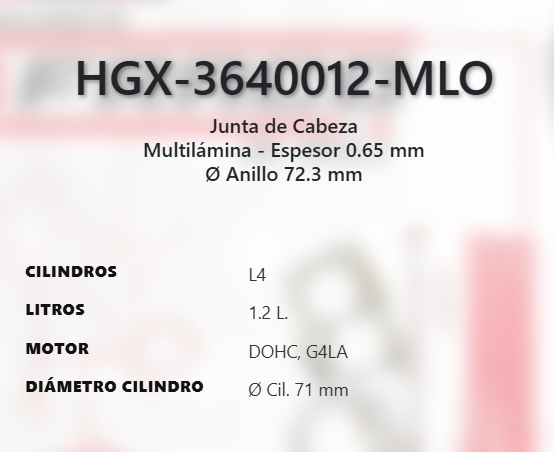 Imagen de HGX-3640012ML EMPAQUE CABEZA LAMINADO HYUNDAI I10 1.2L L4 DOHC G4LA 16V 09-12 I20 1.2L L4 DOHC G4LA 16V 13-14 GRAND I10 1.2L L4 DOHC G4LA 16V 2014