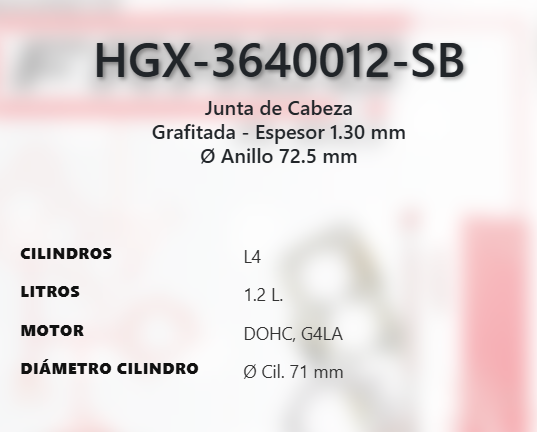 Imagen de HGX-3640012SB EMPAQUE CABEZA GRAFITO HYUNDAI I10 1.2L L4 DOHC G4LA 16V 09-12 I20 1.2L L4 DOHC G4LA 16V 13-14 GRAND I10 1.2L L4 DOHC G4LA 16V 2014