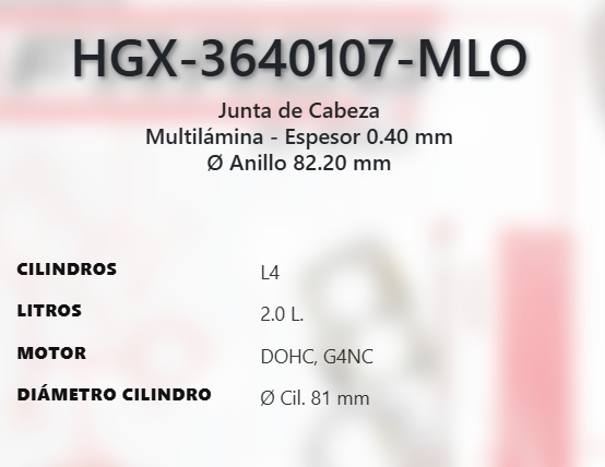 Imagen de HGX-3640107ML EMPAQUE DE CABEZA LAMINADO HYUNDAI ELANTRA KONA 2.0L L4 DOHC G4NA G4NH 16V 17-21 KIA FORTE FORTE5 2.0L L4 DOHC G4NA G4NC G4NH 17-18