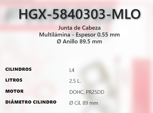 Imagen de HGX-5840303ML EMPAQUE DE CABEZA LAMINADO NISSAN ALTIMA 2.5L L4 DOHC PR25DD 16V 19-23 ROGUE 2.5L L4 DOHC PR25DD 16V 21-23