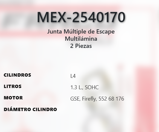 Imagen de MEX-2540170 EMPAQUE MULTIPLE DE ESCAPE FIAT ARGO PULSE 1.3L L4 SOHC GSE Firefly 552 68 176 8V 2023 RAM 700 1.3L L4 SOHC GSE Firefly 552 68 176 8V 21-23