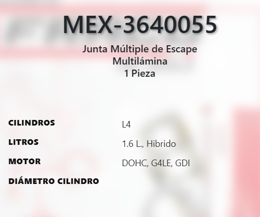 Imagen de MEX-3640055 EMPAQUE MULTIPLE DE ESCAPE HYUNDAI ELANTRA 1.6L L4 HIBRIDO DOHC G4LE GDI 16V 21-22 IONIQ 1.6L L4 HIBRIDO DOHC G4LE GDI 16V 17-22 KIA NIRO 1.6L L4 HIBRIDO DOHC G4LE GDI 16V 17-22