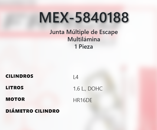 Imagen de MEX-5840188 EMPAQUE MULTIPLE DE ESCAPE NISSAN KICKS 1.6L L4 DOHC HR16DE 16V 17-24 VERSA 1.6L L4 DOHC HR16DE 20-24
