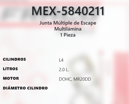 Imagen de MEX-5840211 EMPAQUE MULTIPLE DE ESCAPE NISSAN KICKS 2.0L L4 DOHC MR20DD 16V 2025 SENTRA 2.0L L4 DOHC MR20DD 16V 20-24