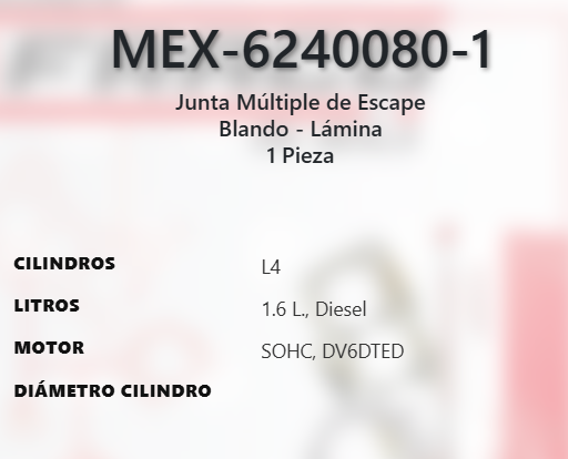 Imagen de MEX-6240080-1 EMPAQUE MULTIPLE DE ESCAPE PEUGEOT PARTNER 208 301 1.6L L4 DIESEL SOHC DV6DTED 8V 13-21