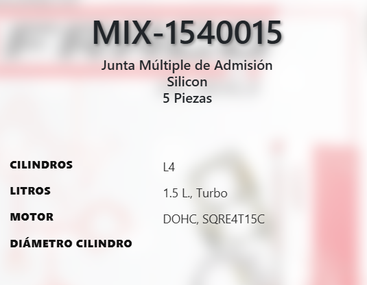 Imagen de MIX-1540015 EMPAQUE MULTIPLE DE ADMISION CHIREY OMODA 5 TIGGO 4 PRO 7 PRO 8 PRO 1.5L L4 L4 TURBO DOHC SQRE4T15C 16V 23-24