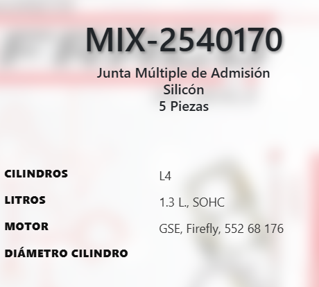 Imagen de MIX-2540170 EMPAQUE MULTIPLE DE ADMISION FIAT ARGO PULSE 1.3L L4 SOHC GSE Firefly 552 68 176 8V 2023 RAM 700 1.3L L4 SOHC GSE Firefly 552 68 176 8V 21-23