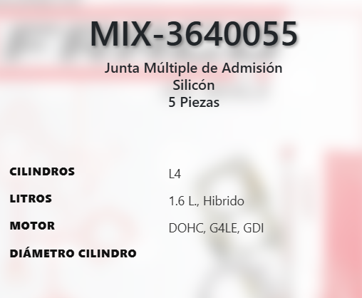 Imagen de MIX-3640055 EMPAQUE MULTIPLE DE ADMISION HYUNDAI ELANTRA 1.6L L4 HIBRIDO DOHC G4LE GDI 16V 21-22 IONIQ 1.6L L4 HIBRIDO DOHC G4LE GDI 16V 17-22 KIA NIRO 1.6L L4 HIBRIDO DOHC G4LE GDI 16V 17-22