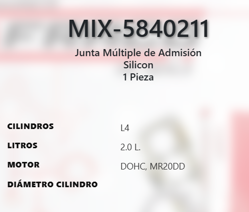 Imagen de MIX-5840211 EMPAQUE MULTIPLE DE ADMISION NISSAN KICKS 2.0L L4 DOHC MR20DD 16V 2025 SENTRA 2.0L L4 DOHC MR20DD 16V 20-24