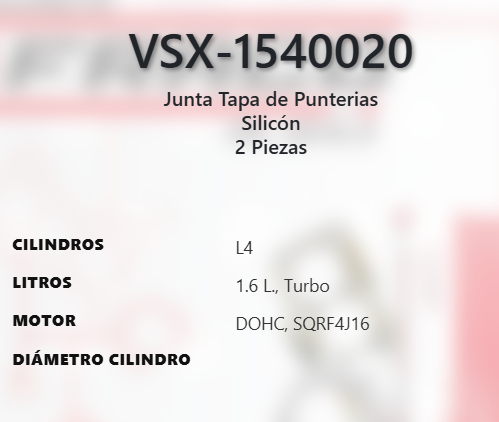 Imagen de VSX-1540020 EMPAQUE TAPA DE PUNTERIAS SILICON CHIREY TIGGO 7 PRO 8 PRO 1.6L L4 TURBO DOHC SQRF4J16 16V 23-24 ARRIZO 8 1.6L L4 TURBO  DOHC SQRF4J16 16V 2024