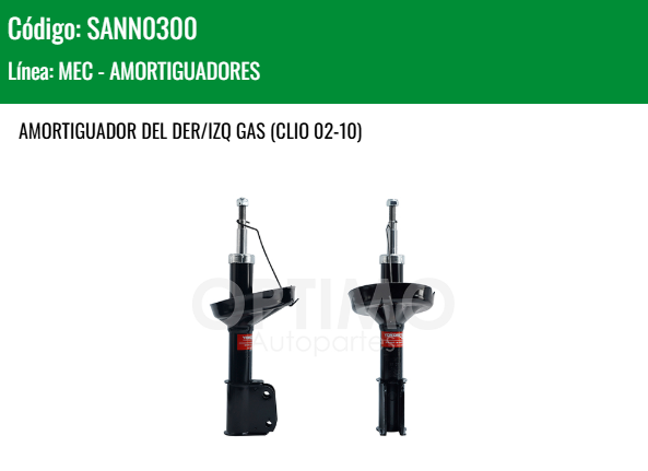 Imagen de SANN0300 AMORTIGUADOR DELANTERO DER/IZQ GAS NISSAN PLATINA 1.6L L4 02-10 RENAULT CLIO 1.6L L4 02-10