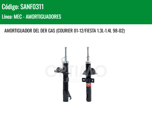 Imagen de SANF0311 AMORTIGUADOR DELANTERO DERECHO GAS FORD FIESTA 1.3L 1.4L 98-02 COURIER 1.6L L4 01-12 IKON 1.6L L4 98-10