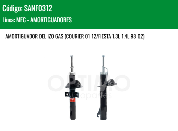 Imagen de SANF0312 AMORTIGUADOR DELANTERO IZQUIERDO GAS FORD FIESTA 1.3L 1.4L 98-02 COURIER 1.6L L4 01-12 IKON 1.6L L4 98-10