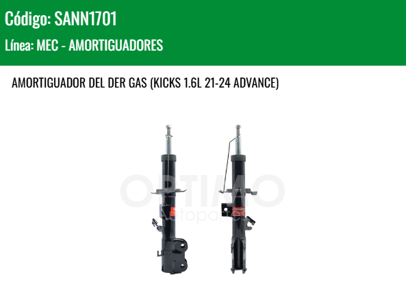 Imagen de SANN1701 AMORTIGUADOR DELANTERO DERECHO GAS NISSAN KICKS 1.2L E-POWER 23-25 KICKS 1.6L 21-24 ADVANCE