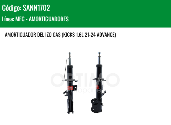 Imagen de SANN1702 AMORTIGUADOR DELANTERO IZQUIERDO GAS NISSAN KICKS 1.2L E-POWER 23-25 KICKS 1.6L 21-24 ADVANCE